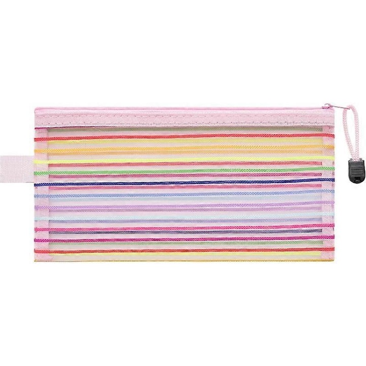 Penar/etui din poliester mesh, cu fermoar si maner, roz cu dungi multicolore, 22.7 x 12 cm, 1 buc