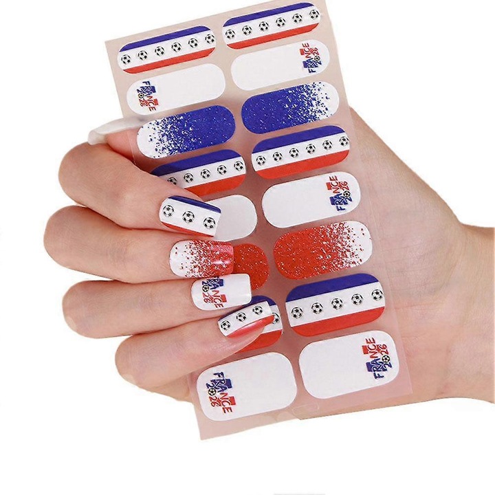 Körömmatricák (nail wraps) Franciaország futball design, UV lámpa nélkül, öntapadós, vízálló, Többszínű, 1 lap