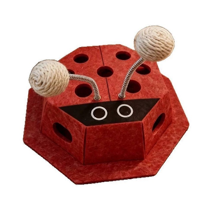 Jucarie puzzle pentru pisici, jucarie interactiva Ladybug, 3-in-1 cu bile teaser din sisal pe arc flexibil, placa zgarietoare din fetru texturat, rosu, 1 buc