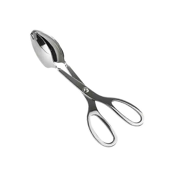 Cleste pentru salata tip foarfeca, cleste de servire din otel inoxidabil, cu furculita si lingura integrate, manere ergonomice antiderapante, inox lucios, 20 cm, 1 buc