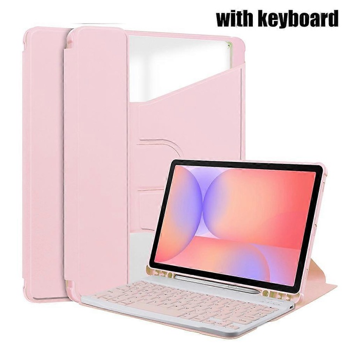 Husa rotativa acrilica pentru Samsung Tab S10 Lite cu tastatura, roz, universal