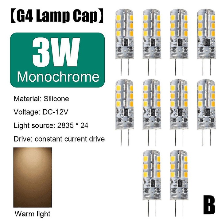 Комплект от 10 броя, LED крушка G4, 12V DC, 1.5W/3W, силиконова, топло бяла светлина
