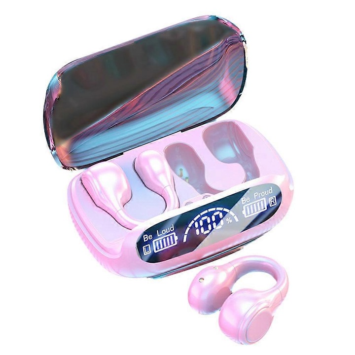 Vezeték nélküli Bluetooth 5.3 fülhallgató digitális kijelzővel, fülklipsz, csontvezetés, zajcsökkentés, nem-in-ear kialakítás, 30mAh fülhallgató/400mAh tok, 6 óra üzemidő, Rózsaszín, 1 szett