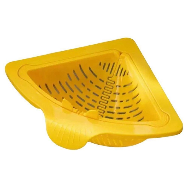 Cos coltar pentru chiuveta, sita triangulara, din ABS, cu fixare magnetica, cu orificii de scurgere eficiente, galben, 17.5x17.5x9 cm, 1 buc