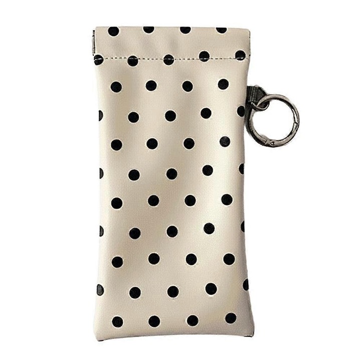 Husa ochelari cu buline, material PU, laveta integrata, alb, 18x9.5cm