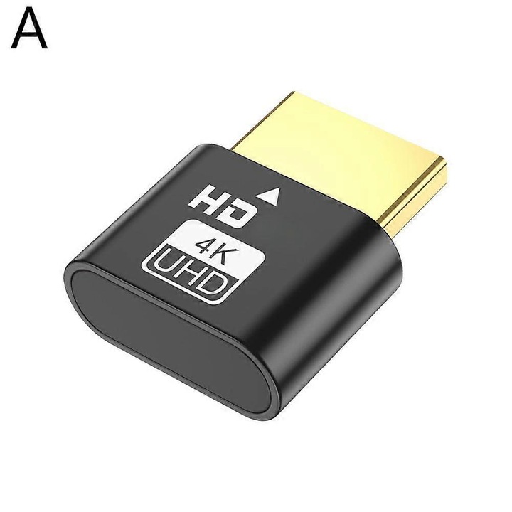 HDMI dummy videó adapter, 4K@60Hz kijelző emulátor (HDMI 2.0), VGA/DVI 1080p@60Hz kompatibilis, driverek nélkül, hot-plug, Fekete, 1 db