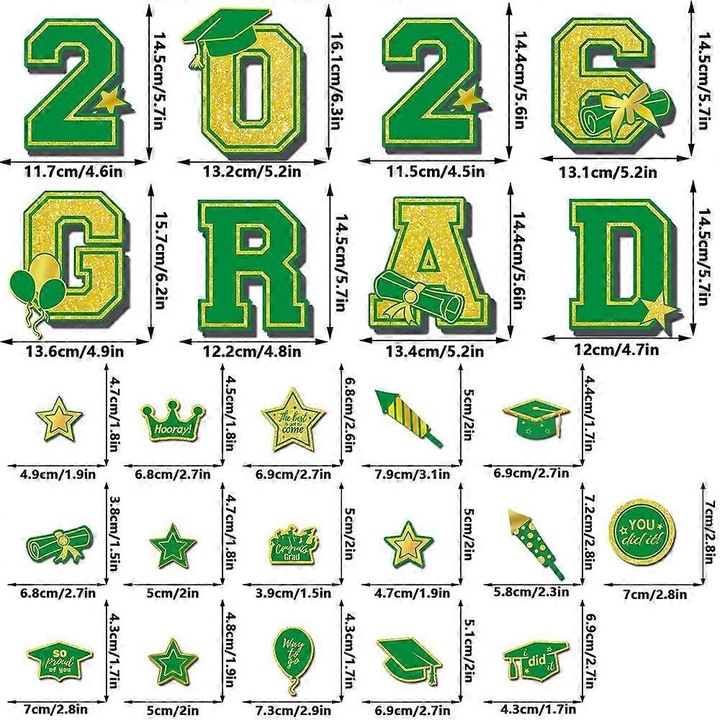 Set magneti/decoratiuni magnetice pentru absolvire 2026, din pvc moale magnetic, rezistente la apa si intemperii, cifre si litere mari cu accesorii tematice, verde, 1 set