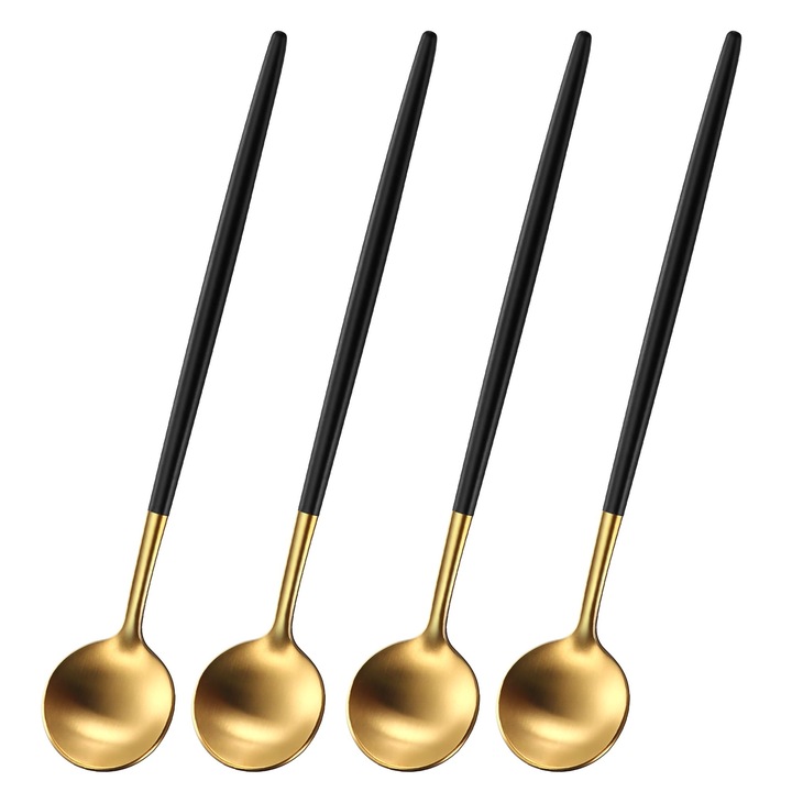 Set 4 bucati, linguri lungi pentru ceai/lingurite pentru cafea, din otel inoxidabil 18/10, maner negru cu acoperire PVD, finisaj mat, auriu/negru, 4 x 20 cm