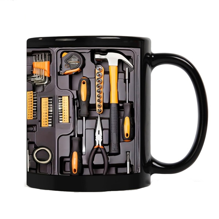 Cana ceramica cu imprimeu trusa de scule si cheie, ideala cadou pentru tata sau sot pasionat de mecanica auto, negru, 325 ml, 1 buc