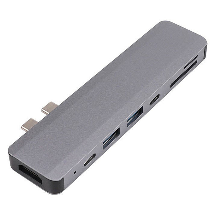 USB-C elosztó 7 az 1-ben, alumínium, HDMI 4K, 3 USB 3.0, kártyaolvasó, 100W