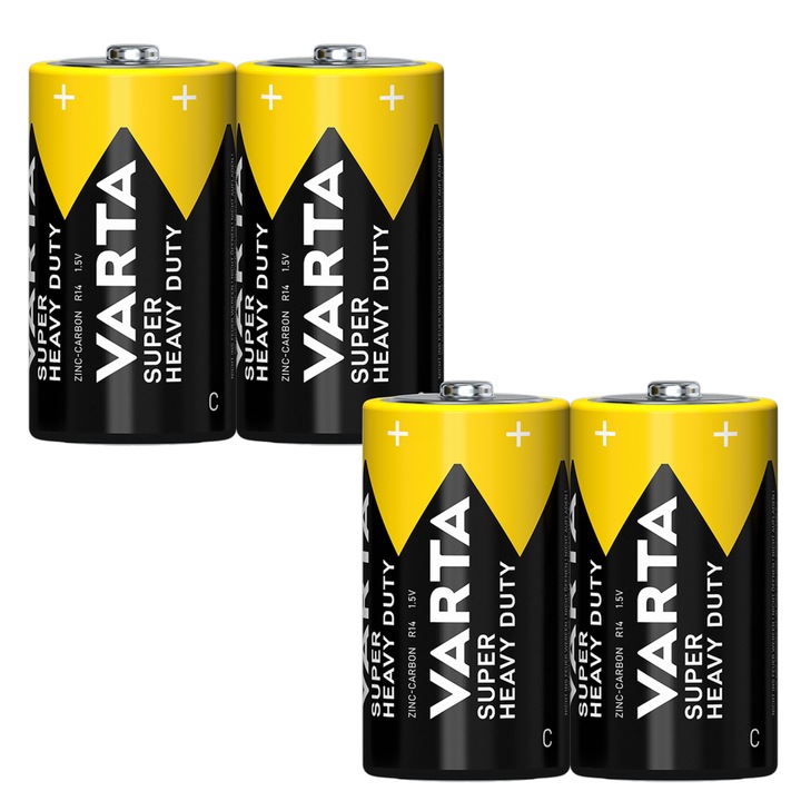 Set 4 bucati, baterii VARTA Super Heavy Duty C, zinc-carbon, R14 (C), 1.5V, negru/galben
