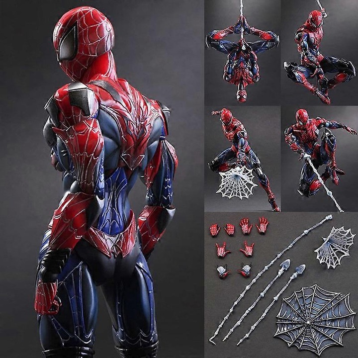 Figurina articulata Spider-Man, 28cm, rosu si negru, PVC, set cu suport