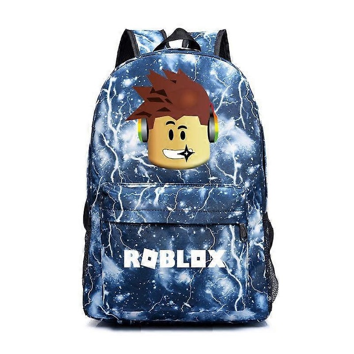 Rucsac din panza, hidrofug, cu imprimeu Roblox si model diamant, compartiment pentru laptop 15.6", bretele ergonomice, albastru/alb, 20L