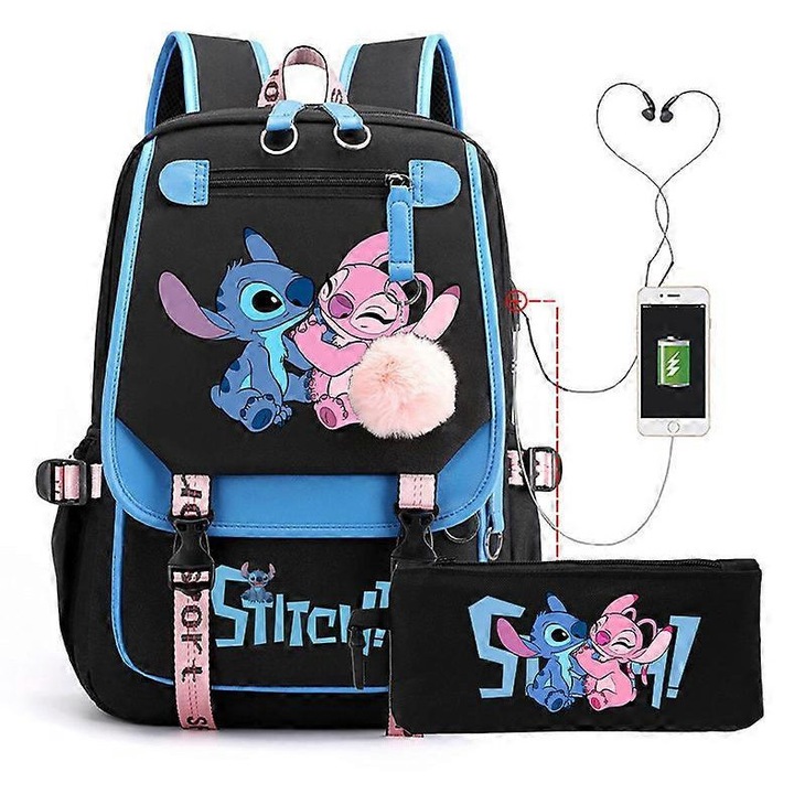 Iskolatáska/hátizsák szett textil anyagból poliészter béléssel, külső USB port töltéshez, tolltartóval, 14 hüvelykes laptop rekesszel, Többszínű, 20-35L