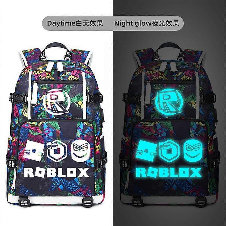 USB iskolatáska, nagy kapacitású, foszforeszkáló nyomtatás, fekete, 15 hüvelyk