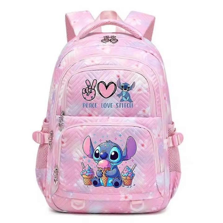 Könnyű nylon iskolatáska, nagy kapacitású, ergonomikus vállpántok, Stitch mintával, Rózsaszín