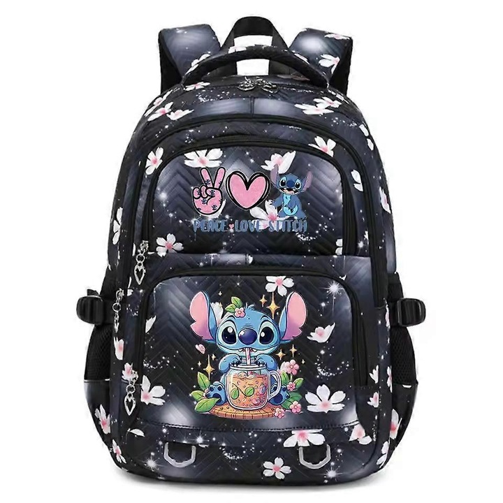 Nylon iskolatáska, Stitch mintával, nagy kapacitású, könnyű, ergonomikus pántok, Többszínű, univerzális