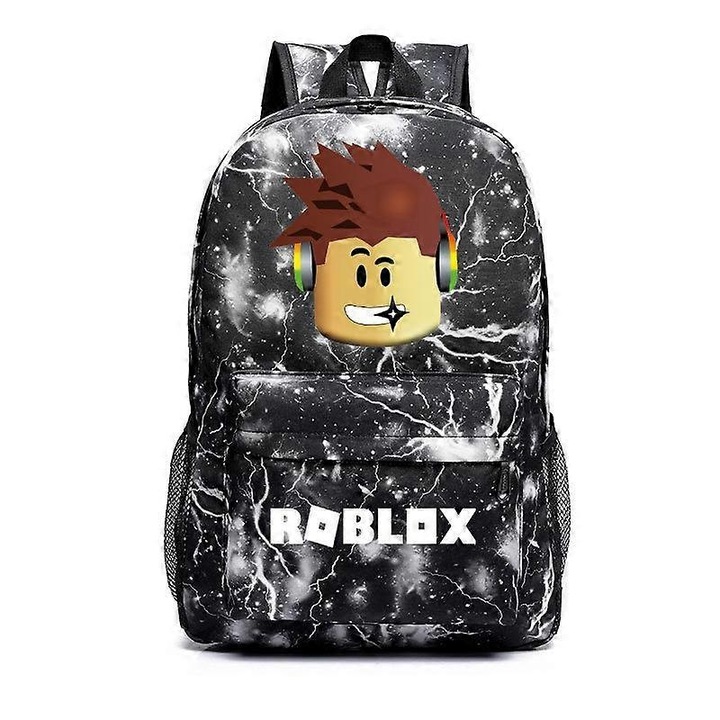 Rucsac din panza, cu model Diamond si imprimeu personaje Roblox, hidrofug si rezistent la uzura, compartiment pentru laptop 15.6\", bretele ergonomice, negru/alb, 20L