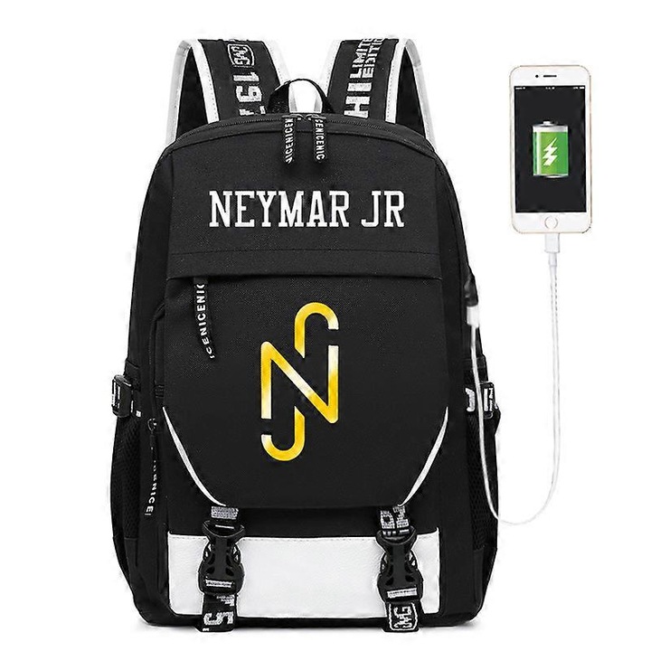 Iskolatáska, Oxford anyagból, nagy kapacitású, vízálló, több rekesszel és ergonomikus pántokkal, Neymar JR Soccer Star, fekete/fehér, 6-12 év