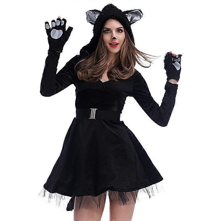 Costum de Halloween, combinezon din poliester cu urechi si coada, unisex pentru cuplu, Pisica Neagra, negru, marimi multiple