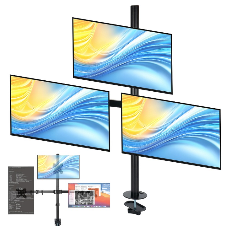 3 monitoros asztali tartó 10-32" hüvelyk, Egyetlen képernyő maximális teherbírása 10 kg, VESA 75x75 / 100x100, Akár 10 kg karonként, Rögzítés bilincsel/csavarral, élvezze a munkaórákat, játékokat vagy filmnézést kényelmesebb környezetben