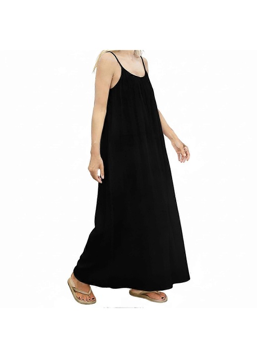 Rochie cami din poliester cu spatele decupat, bretele subtiri reglabile, fusta plisata, lejera pentru plaja si vacanta, Sunset DinnerZZ58, Negru
