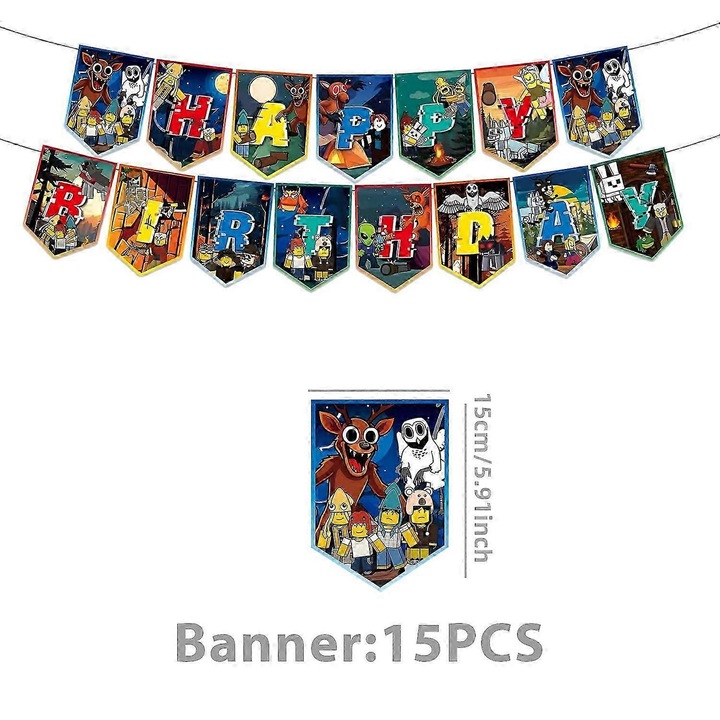 Set decoratiuni petrecere Roblox, pungi cadou si farfurii din hartie, baloane si decor tort, banner decorativ, multicolor, 15 piese
