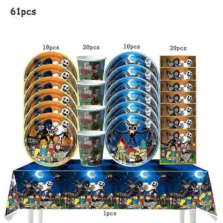 Set decoratiuni petrecere Roblox, complet pentru aniversare, include farfurii, pahare, pungi cadou, topper tort, baloane si fata de masa, Multicolor, 61 piese