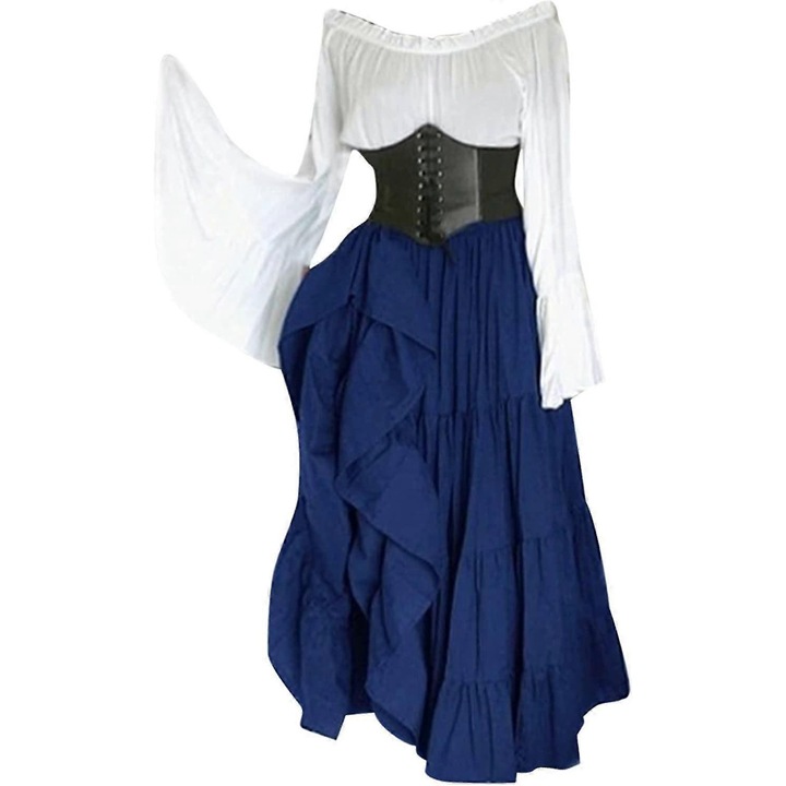 Rochie renascentista din material textil, cu corset si volane asimetrice, stil victorian, Verde, S