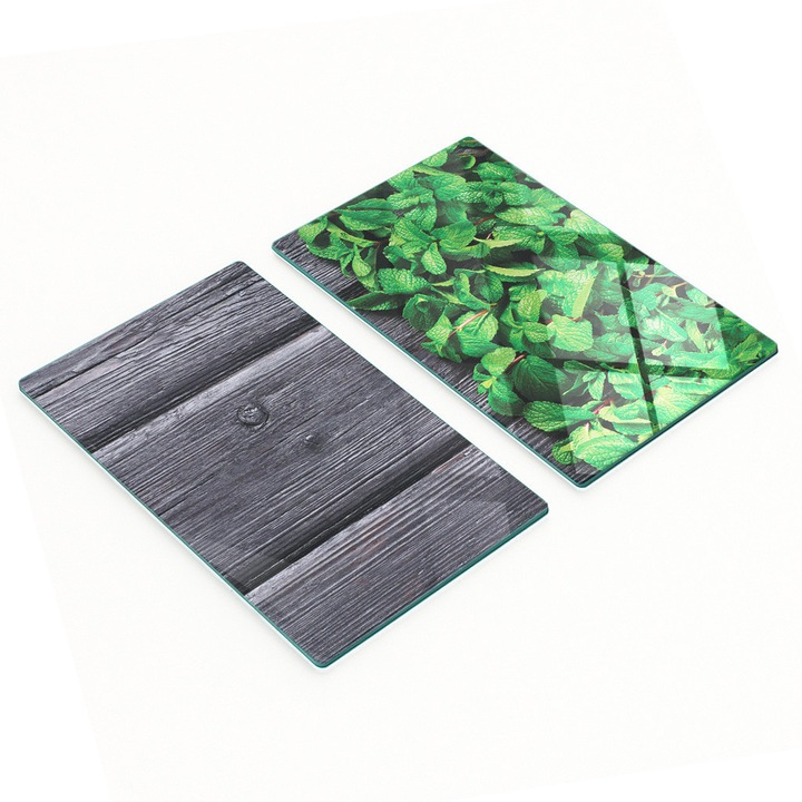 2 db Tulup üveg vágódeszka 30x52x0.4cm, csúszásmentes, hőálló, menta mintás
