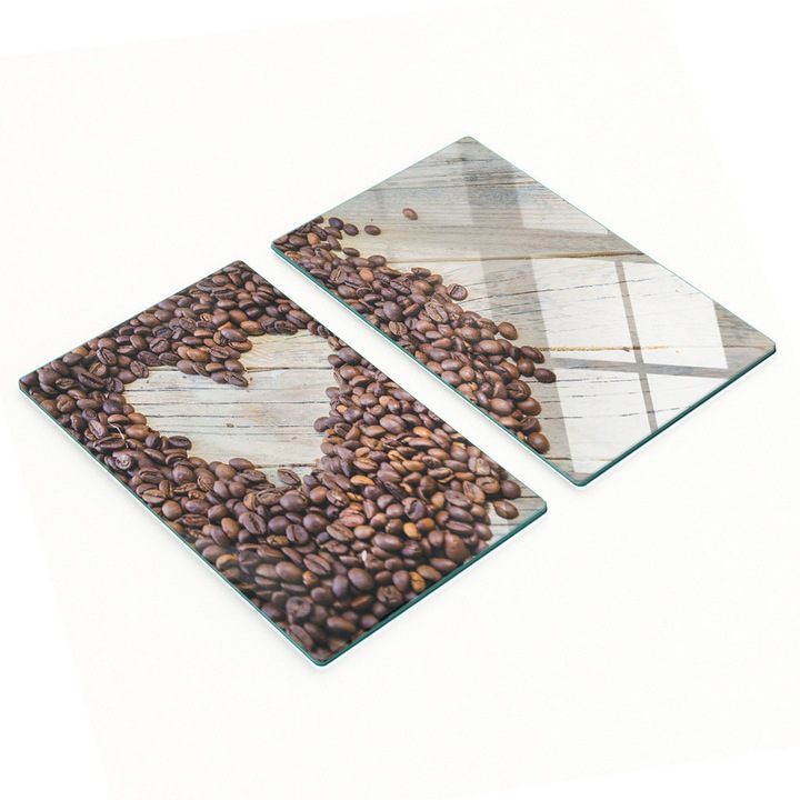 2 darabos szett, Tulup Vágódeszka kávébab szív, edzett üveg Float 4 mm, csúszásgátló lábakkal, Barna/Bézs, 2 x 30x52 cm