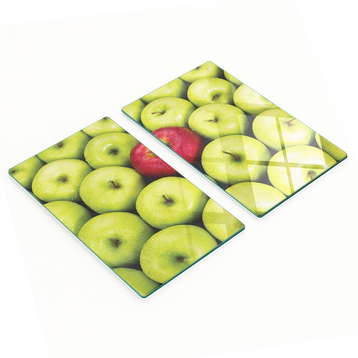 2 darabos készlet, Tulup üveg vágódeszka, alma mintával, 4 mm-es Float edzett üveg, csúszásgátló lábak, zöld/piros, 2 x 30x52 cm