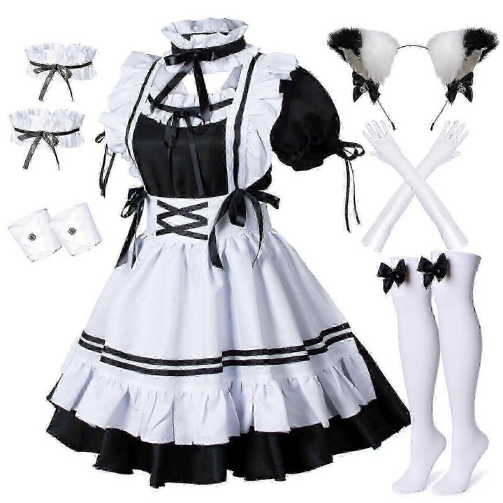 Costum cosplay Lolita, rochie din poliester, set 8 piese cu sort, urechi pufoase, manusi si sosete peste genunchi, negru/alb