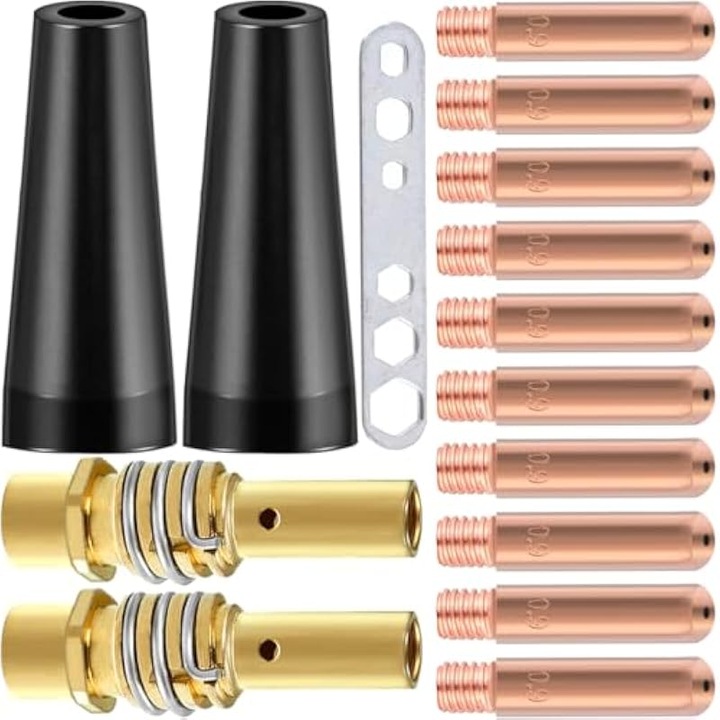 Készlet 15 darab MIG MB15/15AK fogyóeszköz, 10 darab 0.9 mm-es érintkezőhegy, 2 darab gázmentes fúvóka, 2 darab diffúzor, 1 darab kulcs, magas elektromos vezetőképesség és hőállóság, Réz/Fekete