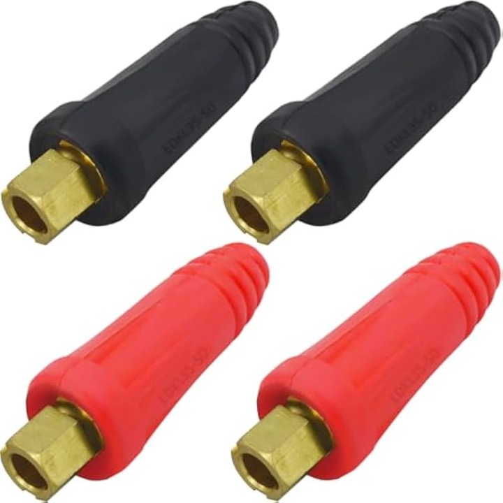 Set 4 bucati, conector panou pentru cablu de sudura EDKL35-50 315A, cu miez din alama si carcasa din cauciuc, conectare rapida cu blocare, compatibil TIG si plasma, Lincoln Magnum 100L/Weld-Pak, rosu/negru, 2 x rosu, 2 x negru
