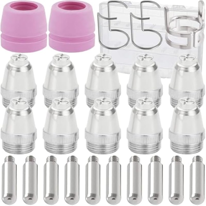 Set consumabile pistolet sudura plasma, 10 duze 1.2mm, 10 electrozi 1.2mm, 2 cupe ceramice, 3 suporturi, cutie depozitare