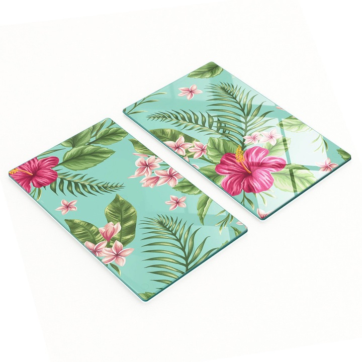 Tulup üveg vágódeszka, Hawaii virágok, edzett Float üveg, magas hőmérsékletnek és karcolásnak ellenálló, csúszásgátló lábakkal, 30x52 cm, Többszínű, 2 darab