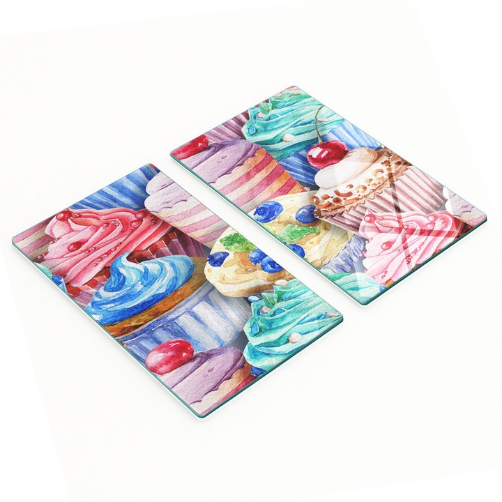 2 darabos készlet, Tulup színes muffin üveg vágódeszka, edzett float üvegből, csúszásgátló lábakkal, többszínű, 2 x 30x52 cm