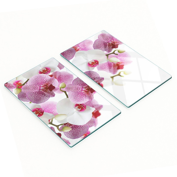 2 darabos szett, Tulup Orchidea üveg tálalódeszka/tálca, Float edzett üveg, 4 mm vastagság, csúszásgátló lábak, magas hőmérsékletnek és karcolásnak ellenálló, Többszínű, 2 x 30x52 cm