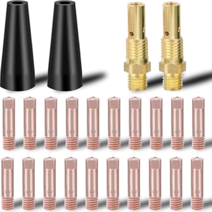 Set consumabile pistol sudura KP1939-1, compatibil MIG/MAG 15AK si Lincoln, duze airless anti-splash pentru reducere stropi, difuzoare gaz din alama, varfuri contact 0,9 mm (0,035 in), Multicolor, 2x duze, 2x difuzoare, 20x varfuri contact