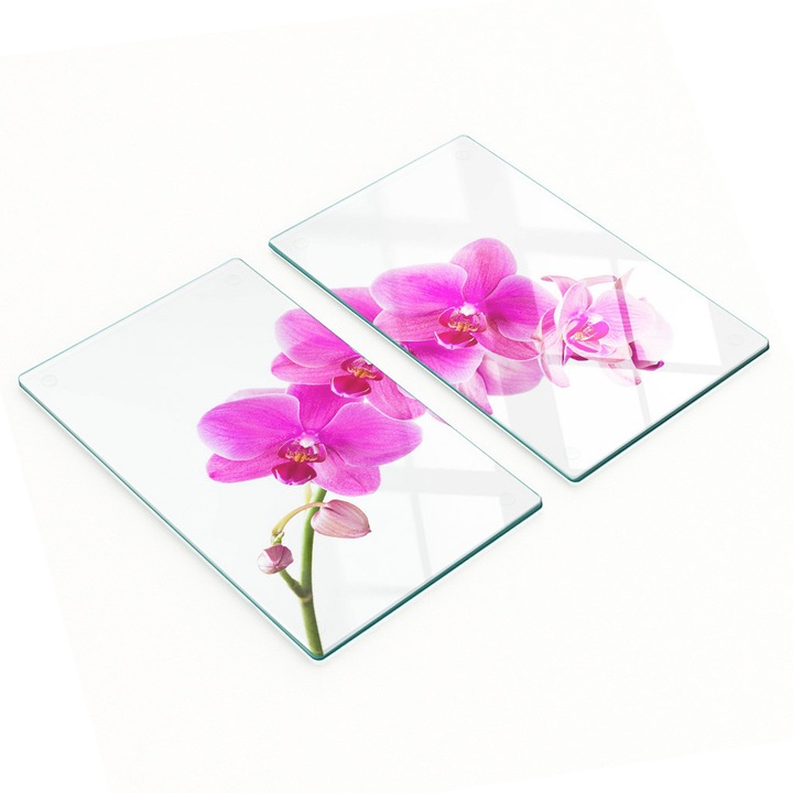 2 darabos szett, Tulup üveg vágódeszka, edzett Float üveg, 4 mm vastagság, csúszásgátló lábak, hő- és karcálló, tartós nyomtatás rózsaszín orchidea, 2 x 30x52 cm