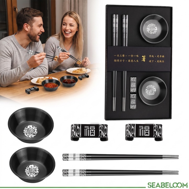 Set bete chinezesti traditionale, Seabeloom, set 2 perechi betisoare/cu 2 boluri mini, suporturi pentru betisoare, Inox, reutilizabile, anti derapante, rezistente la spalare, pentru servirea mesei, negre