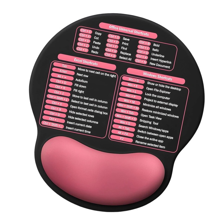 Mouse pad ergonomic Office Hotkeys cu suport gel pentru incheietura, baza antiderapanta, scurtaturi tastatura tiparite, Roz, 1 buc., 22.1x25.1x0.5 cm