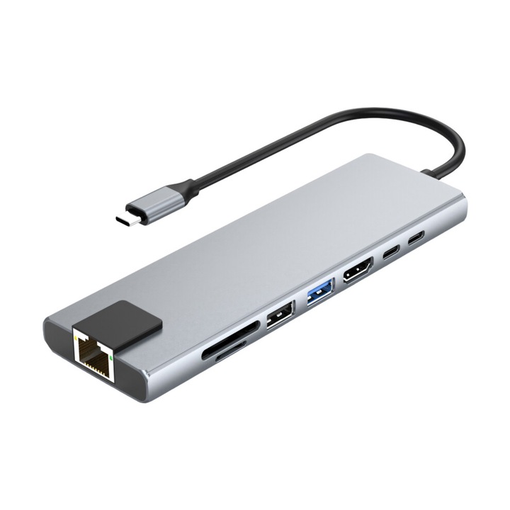 USB-C multiport adapter/hub 8 az 1-ben, PD 100W, HDMI, USB 3.0 5Gbps, RJ45 Gigabit, alumínium, ezüst, 1 db.