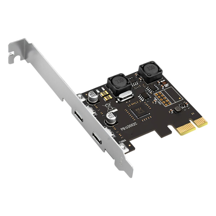 USB 3.1 bővítőkártya VIA VL805, 2 db USB-C 5Gbps port, UASP és 5V/3A tápellátás portonként, PCIe x1, Fekete, 1 db