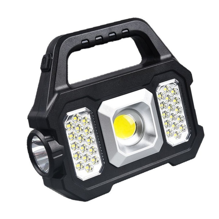 Hordozható napelemes LED lámpa 49 LED 250LM, napelemes töltéssel, powerbank funkcióval és 2 világítási móddal, Fekete, 170x147x44mm