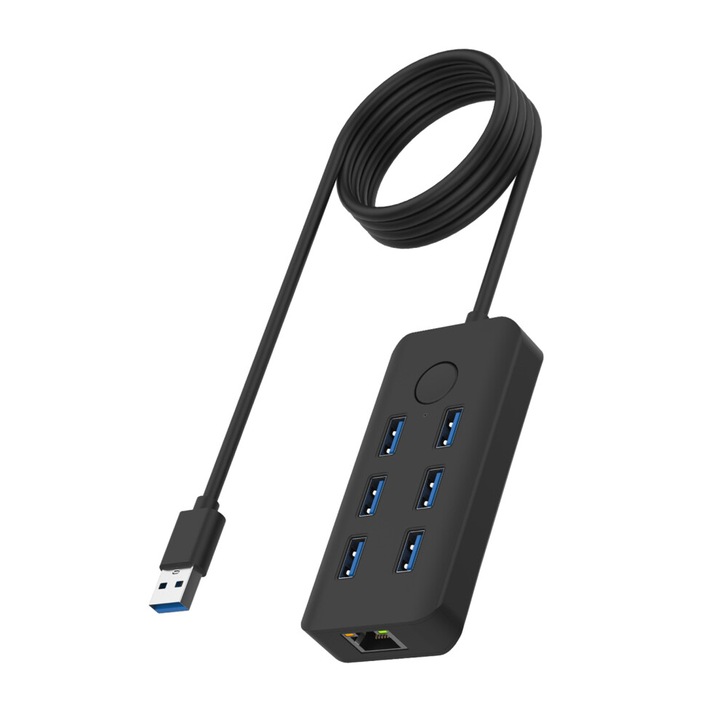 USB 3.0 Hub, 7 portos dokkolóállomás/bővítő, képernyőzároló gomb, RJ45 port, 5 Gbps sebesség, 50 cm kábel, fekete, 1 db