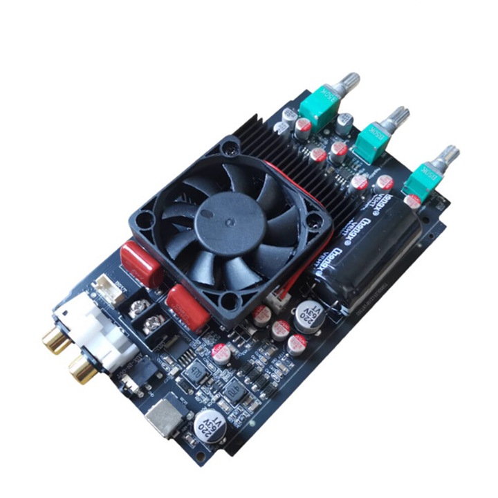 TPA3255 600W erősítő panel, D osztályú digitális erősítő modul, mélynyomóhoz, 28-150Hz basszus állítás, 0-180° fázis állítás, DC19-48V tápellátás, Fekete, 1 db