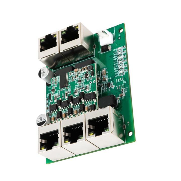 Модулен суич Ethernet/комутатор 5 порта 10/100M, PoE B, поддържа 12-52V, с LED за наблюдение на портовете, метална кутия/PCB, зелен/сребрист, 1 бр.