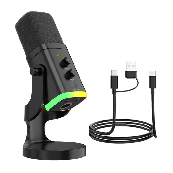 USB mikrofon, stúdiómikrofon streaminghez, 48kHz mintavételezéssel és 50Hz-12kHz frekvenciaválasszal, kardioid iránykarakterisztikával és zajcsökkentéssel, USB-C plug-and-play, többszínű világítás, fekete, 1 db